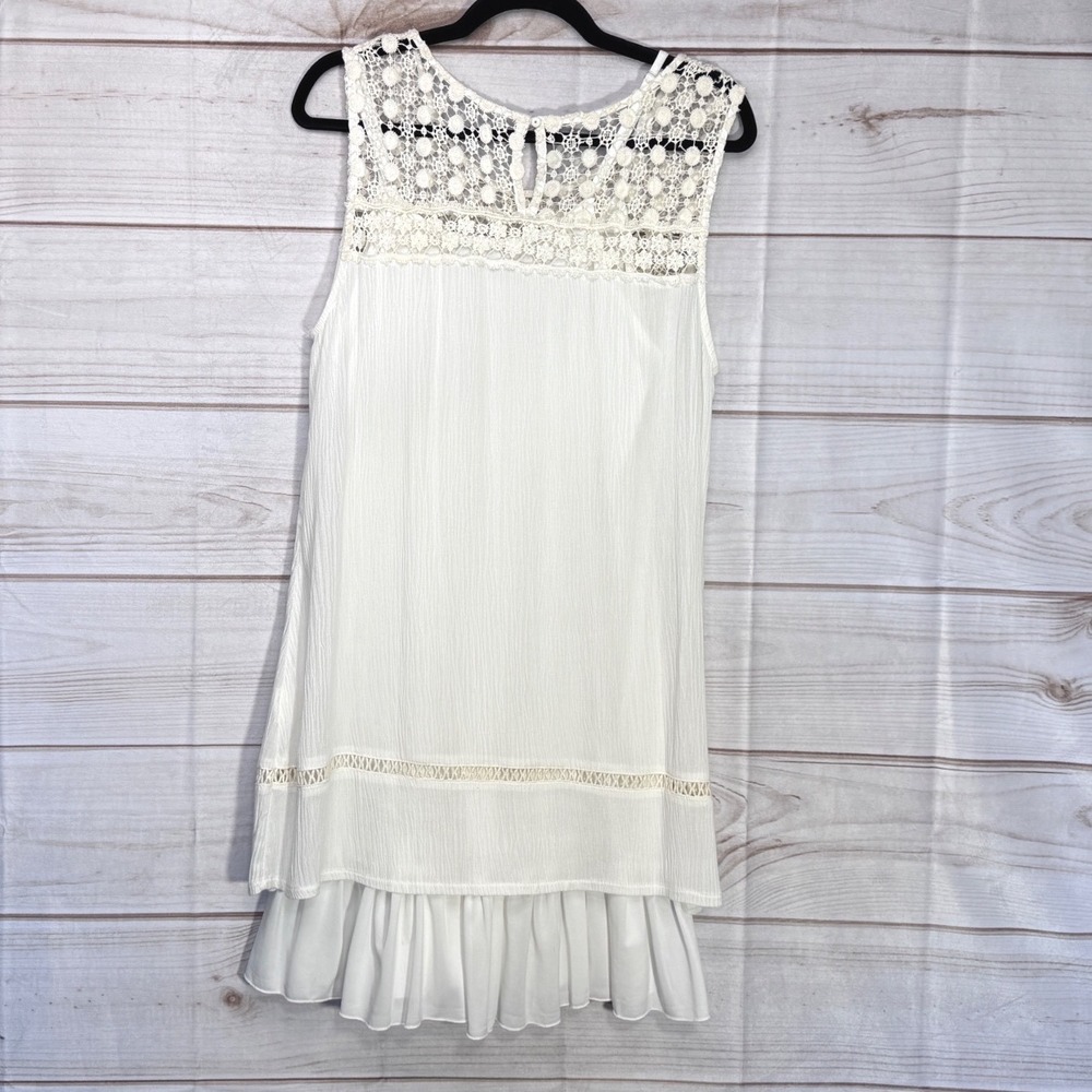 Pretty Angel White Crochet Lace Ruffle Hem Sleeveless Dress Large Boho Ren Faie - Picture 2 of 9